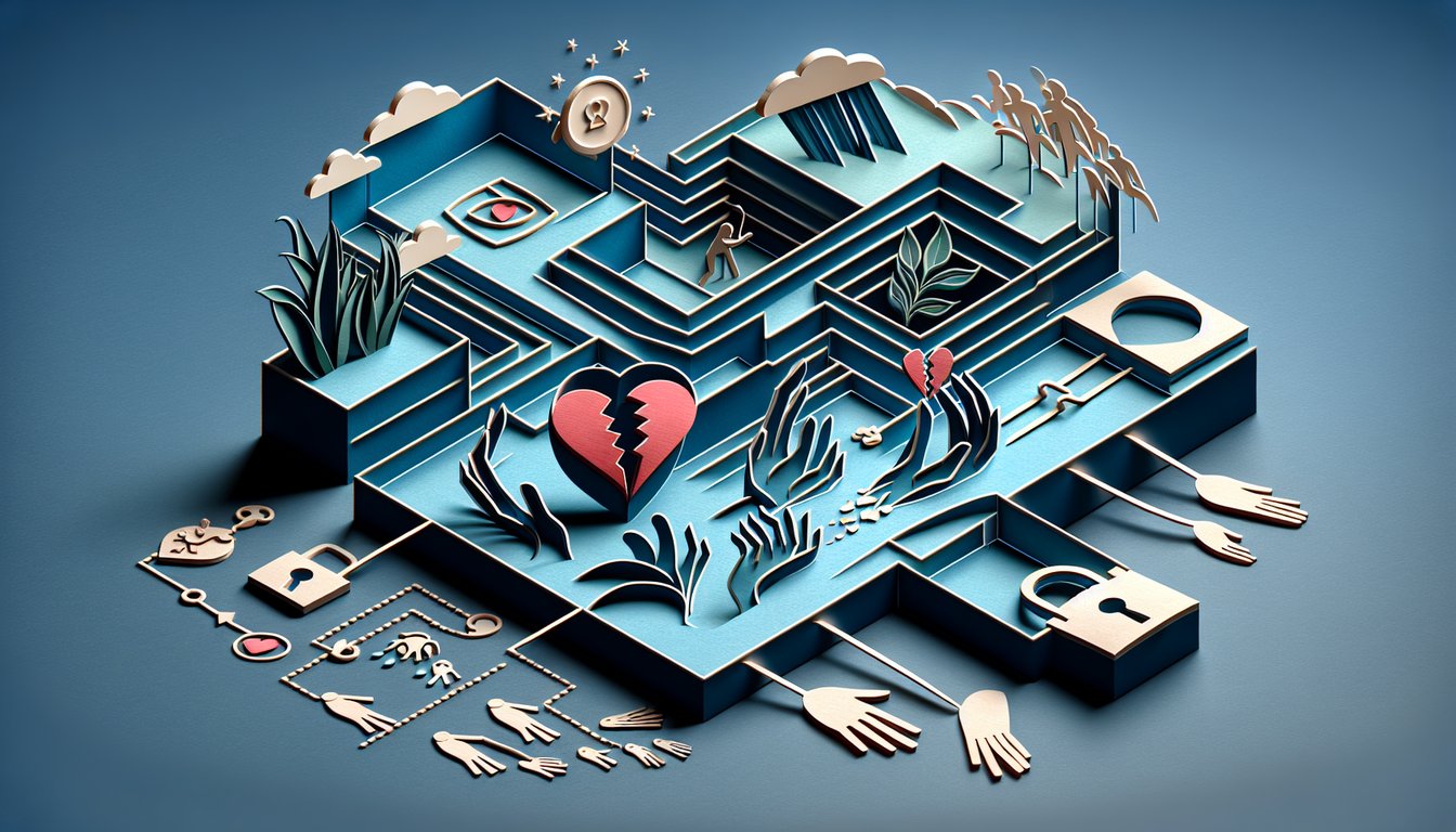 Paper art heart split in two and pensive figure on dark blue background illustrating separation anxiety quiz