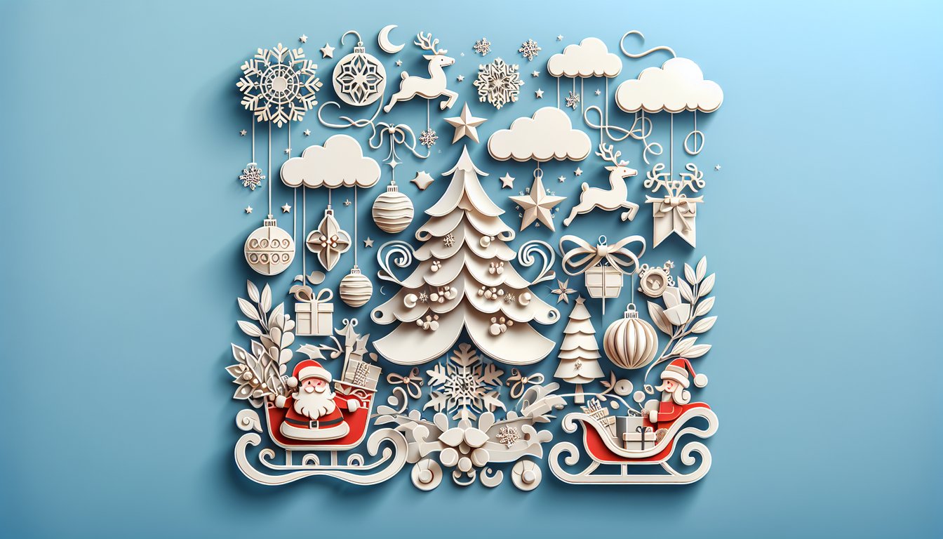 Paper art Christmas trivia quiz scene with ornaments snowflakes candy canes on sky blue background