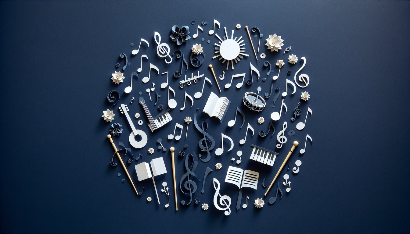 Colorful paper art depicting musical instruments for a Music Participation  Theory Assessment quiz
