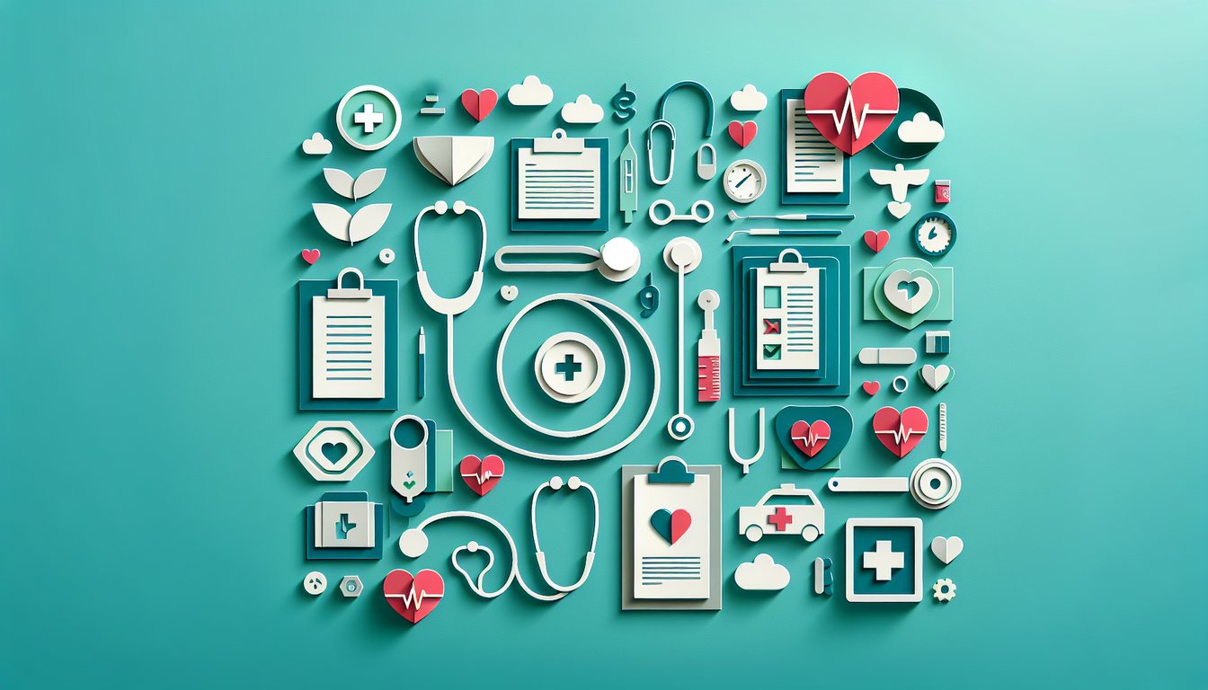 paper art icons stethoscope syringe clipboard pencil around quiz text for free patient care tech test on teal background