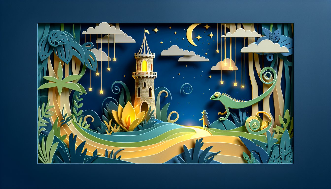 Paper art tower with flowing hair lanterns, floating lights for Tangled trivia quiz on dark blue background