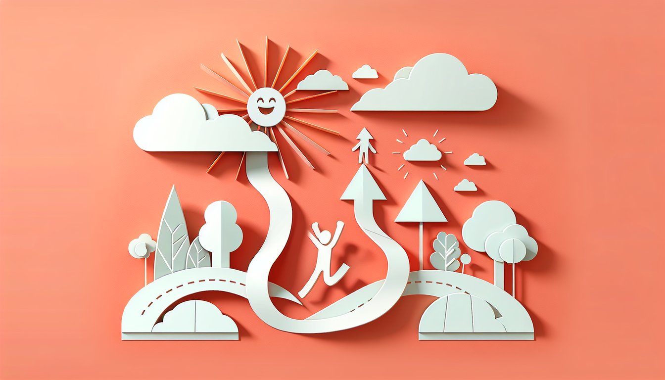 Paper art collage of sun heart balloon plant stars on coral background inviting you to test happiness and find your joy