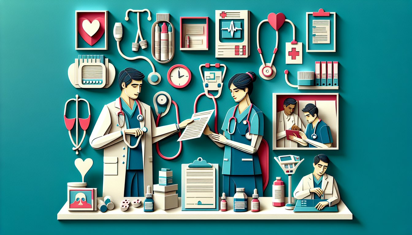 Paper art stethoscope syringe tablet notepad on teal background for physician assistant quiz