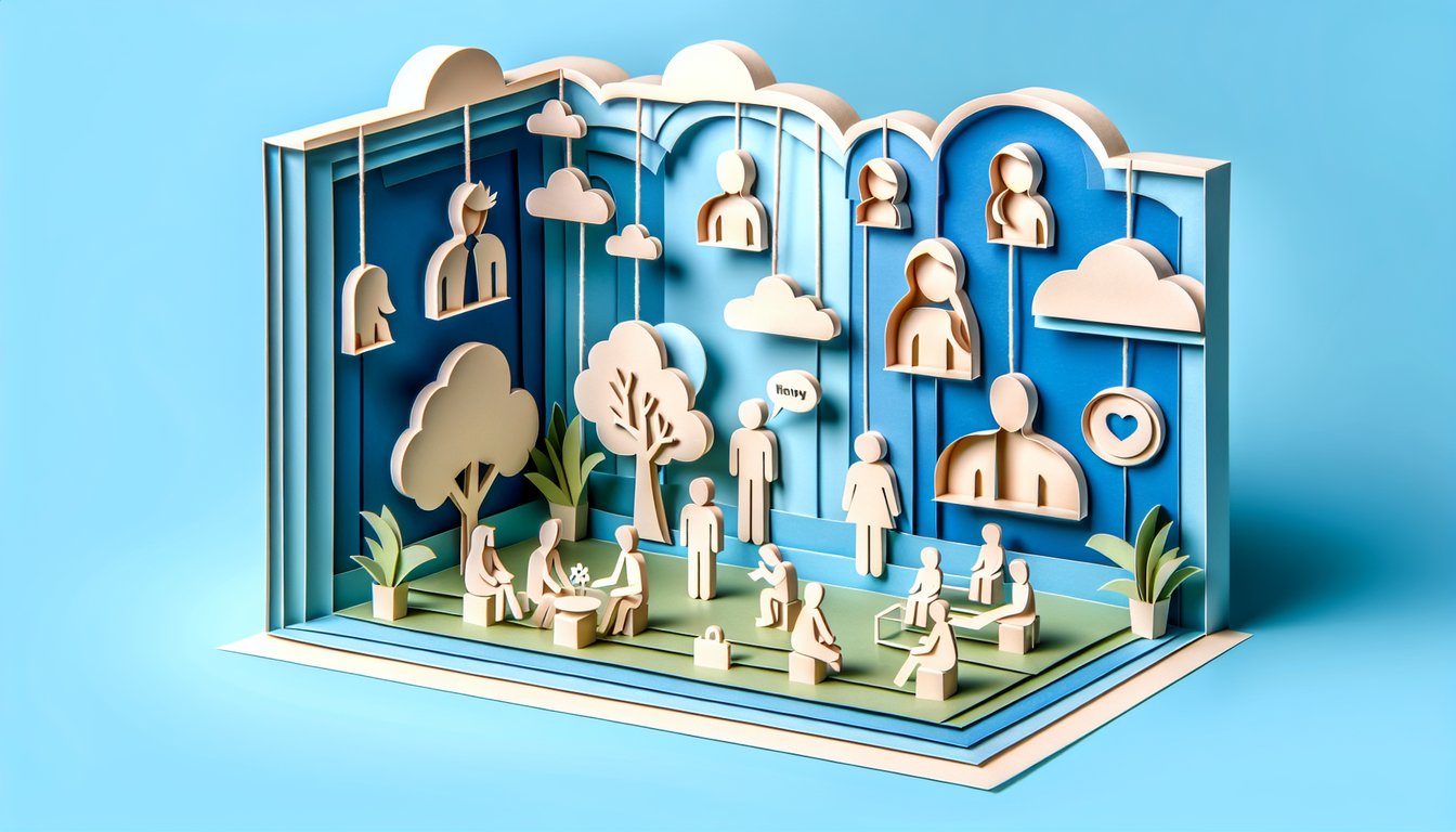 Paper art iCarly quiz illustration on sky blue background showing paper cutouts of characters and quiz icons