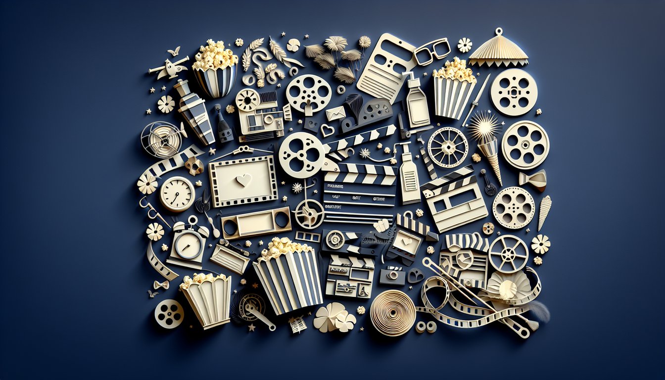 Paper art cutouts of film reel popcorn and cartoon characters on dark blue background promoting kids movie trivia quiz