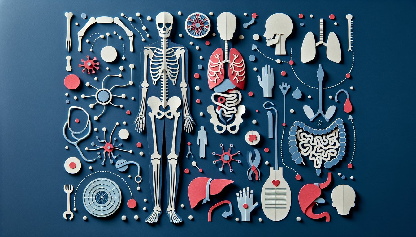 Colorful paper art promoting Body Systems Blitz trivia quiz for high school biology students.