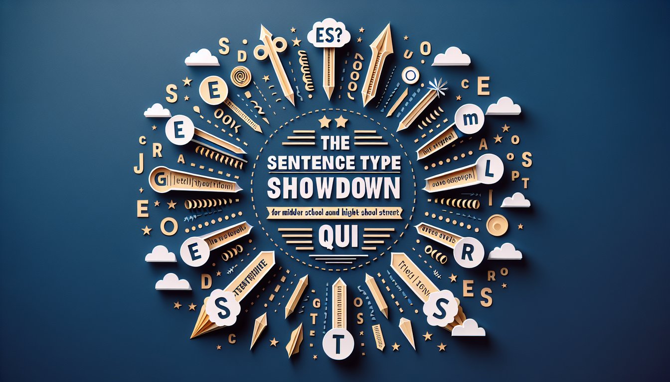Paper art promoting Sentence Type Showdown quiz for middle and high school students.