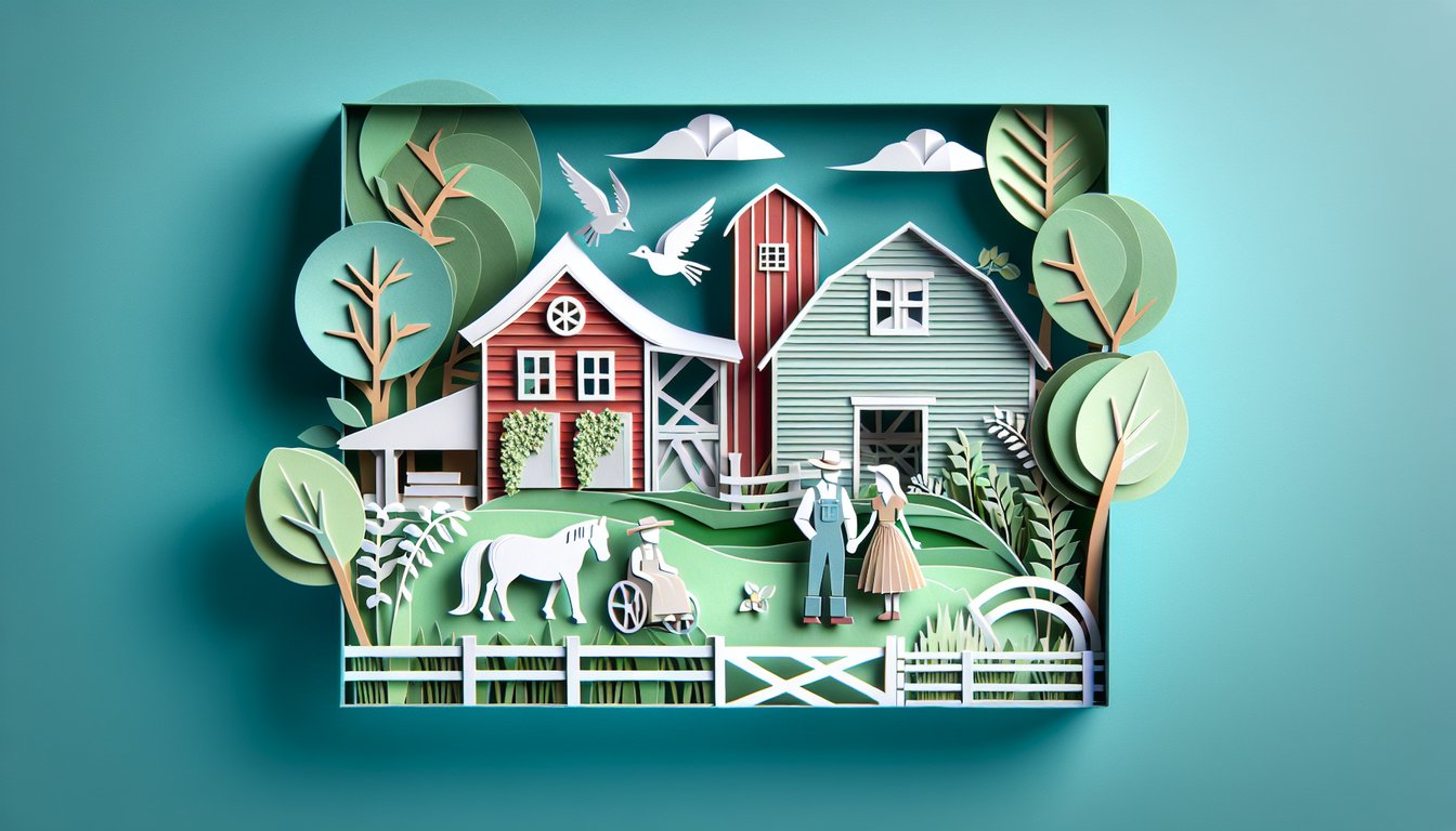 Paper art style illustration for Of Mice and Men quiz, first half trivia challenge on teal background.
