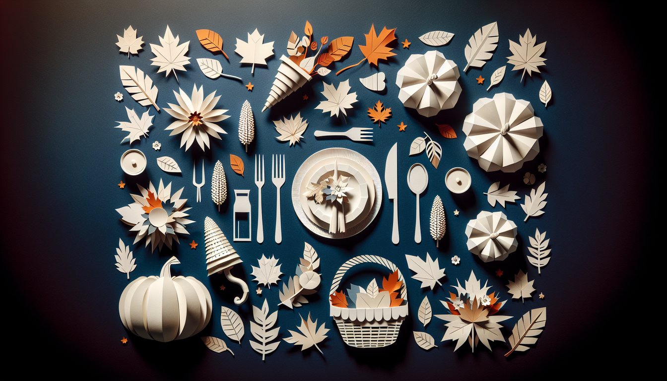 Colorful paper art depicting elements of Thanksgiving for a trivia quiz.