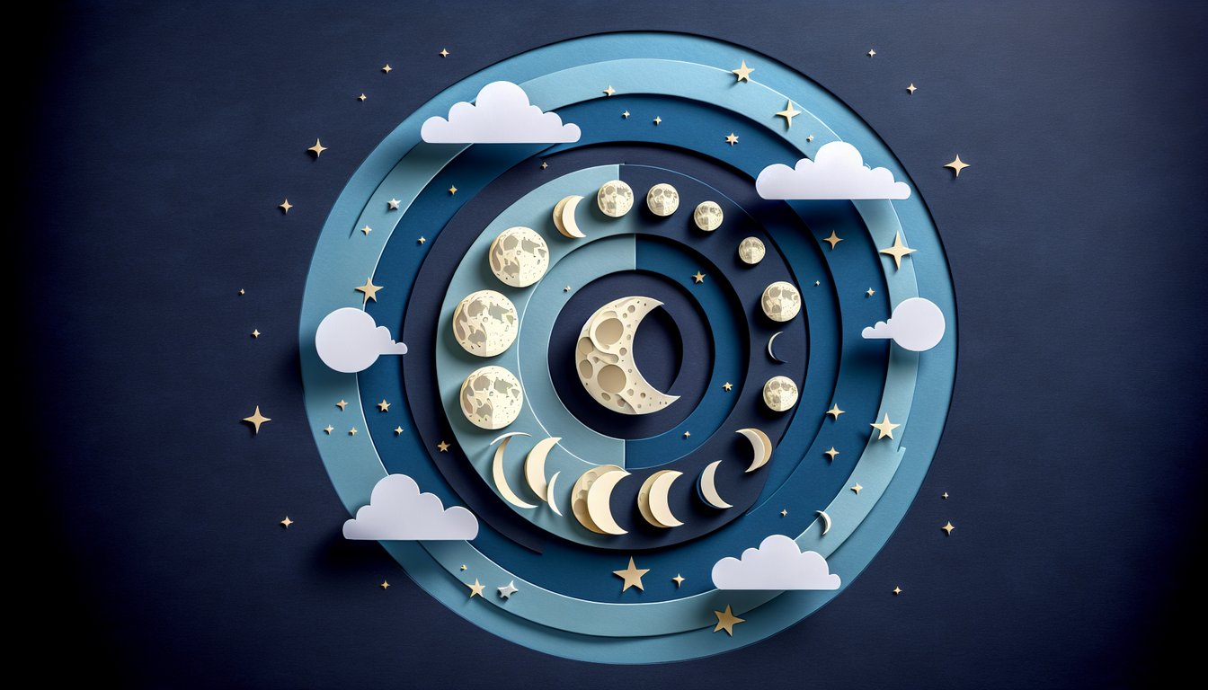 Paper art depicting trivia quiz on moon phase mastery for middle school students.