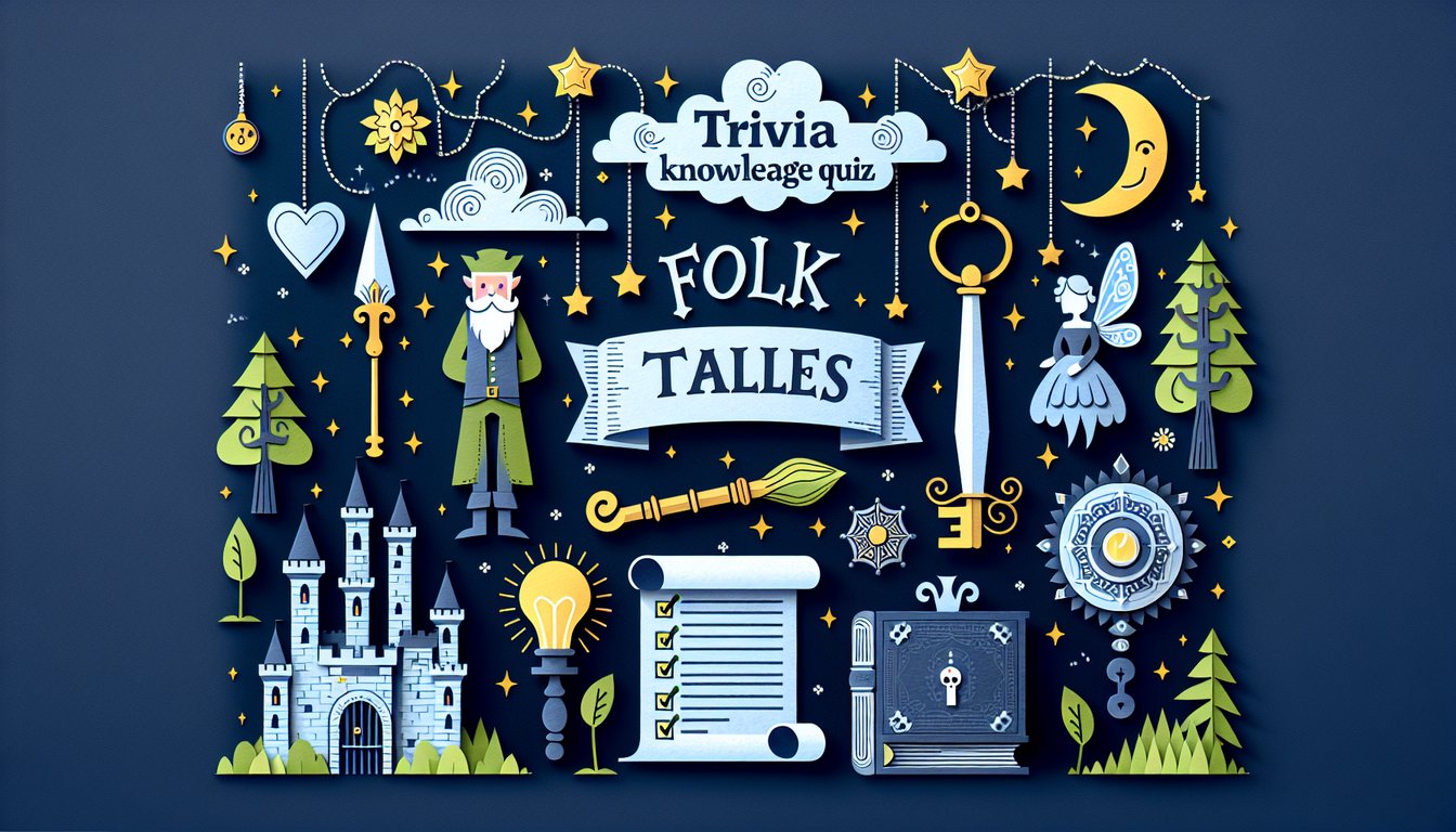 Colorful paper art illustrating various elements of folk tales for a knowledge quiz