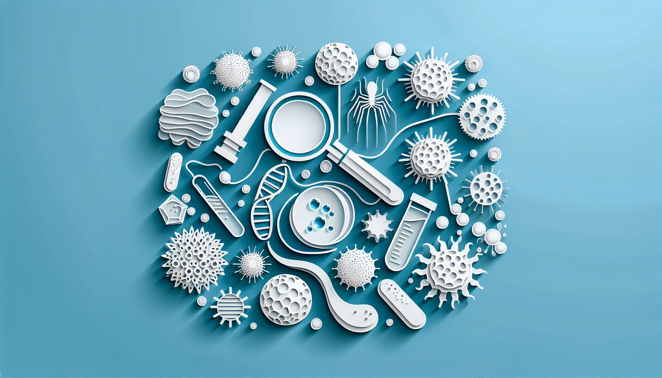 Paper art bacteria viruses on sky blue background quiz Microbiology Test 3 Chapter cell sizes magnification