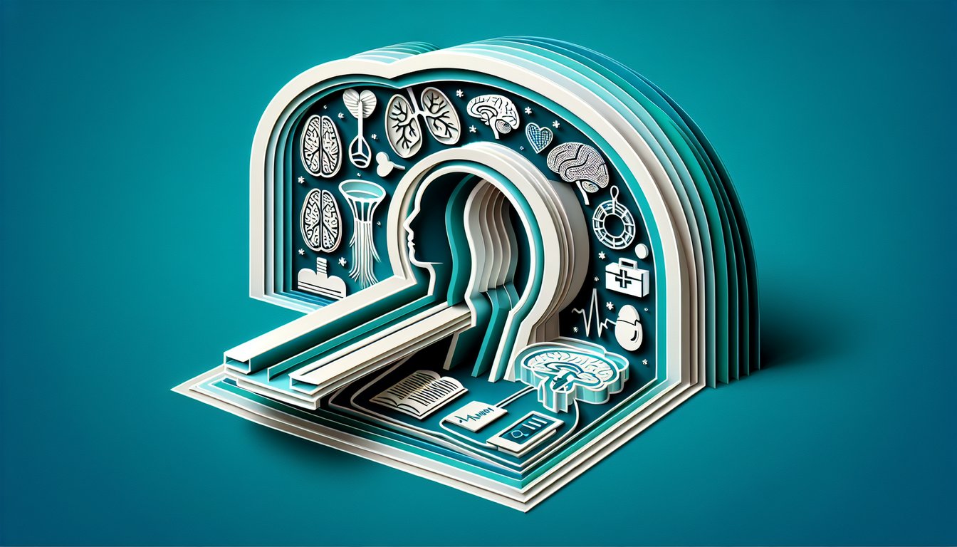 Paper art illustration showing CT scan slices and quiz items on teal background for CT registry practice questions