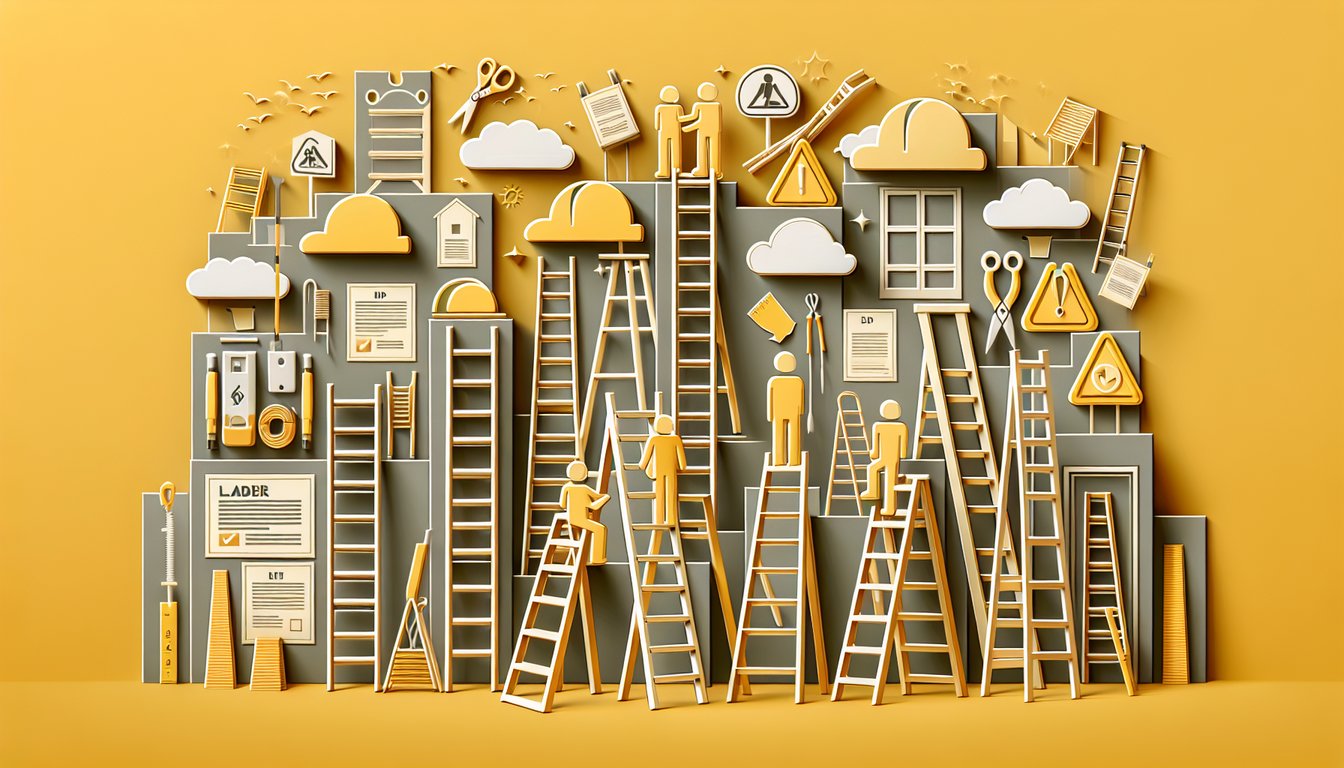 Paper art for ladder safety quiz, ladders, ruler, weight icon, stepladder, safety symbols on golden yellow background
