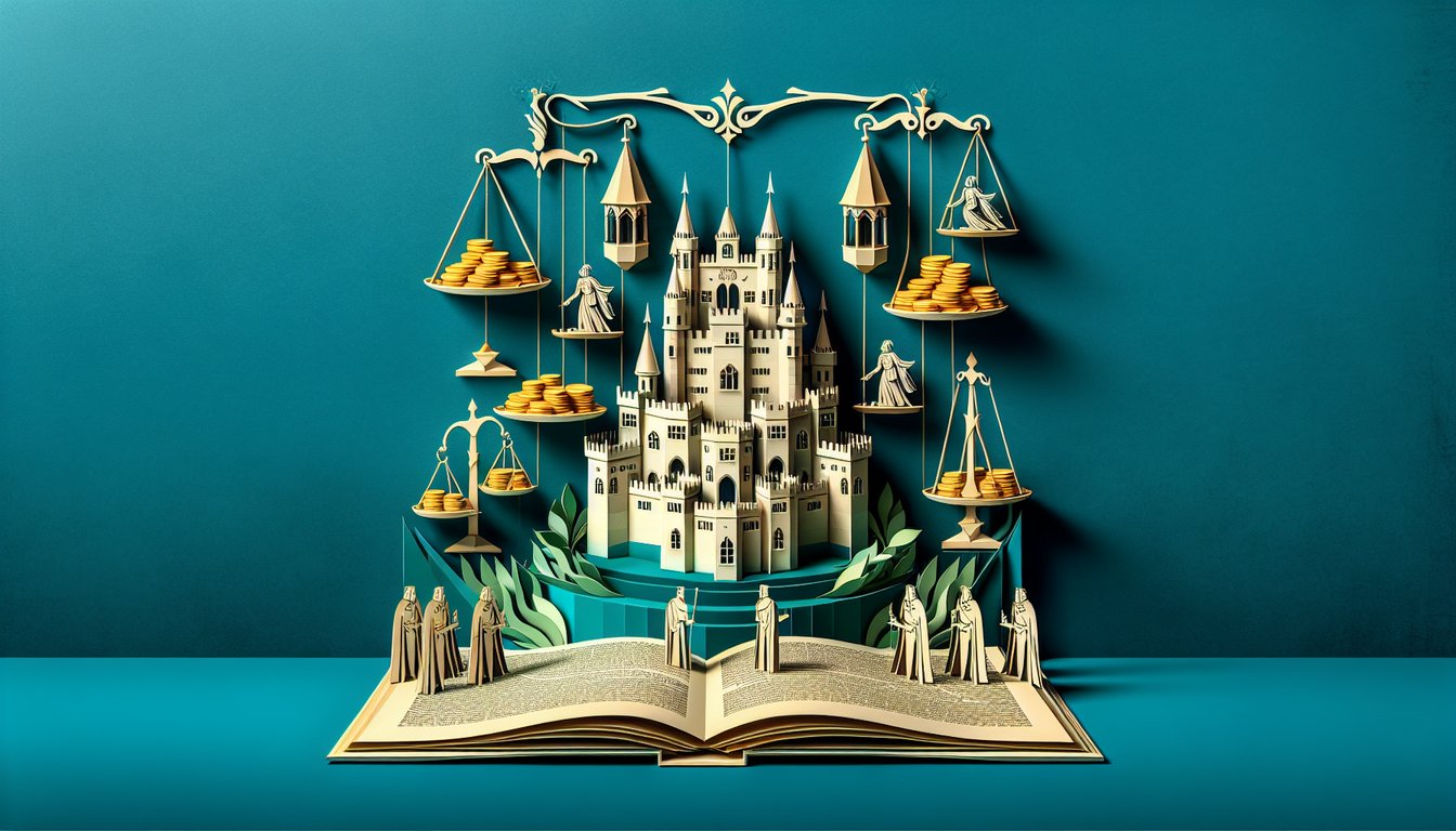 Paper art illustration of layered Macbeth elements and key terms avarice integrity on teal background for Act 4 quiz