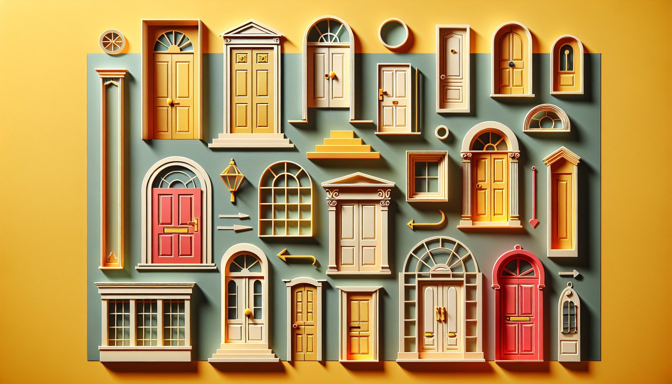 Paper art doors and windows arranged on golden yellow background with playful quiz elements