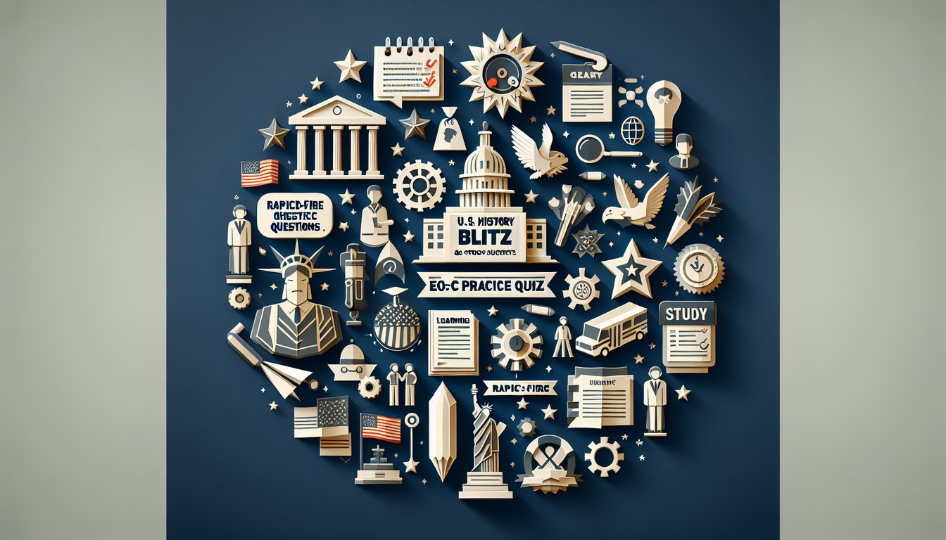 Colorful paper art illustrating a US History EOC Blitz practice quiz for high school students.