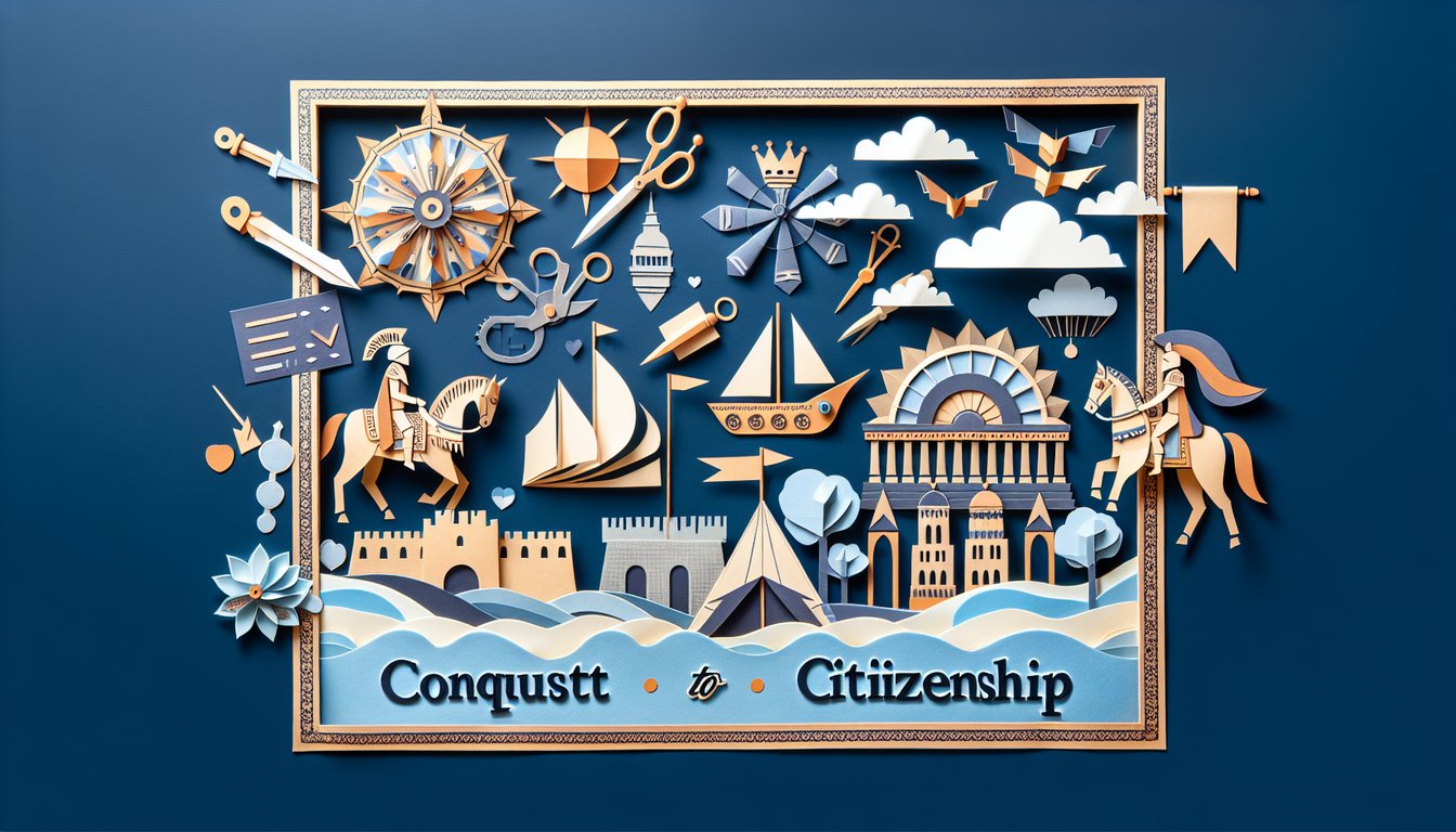 Colorful paper art promoting Conquerors to Citizens high school social studies trivia quiz.