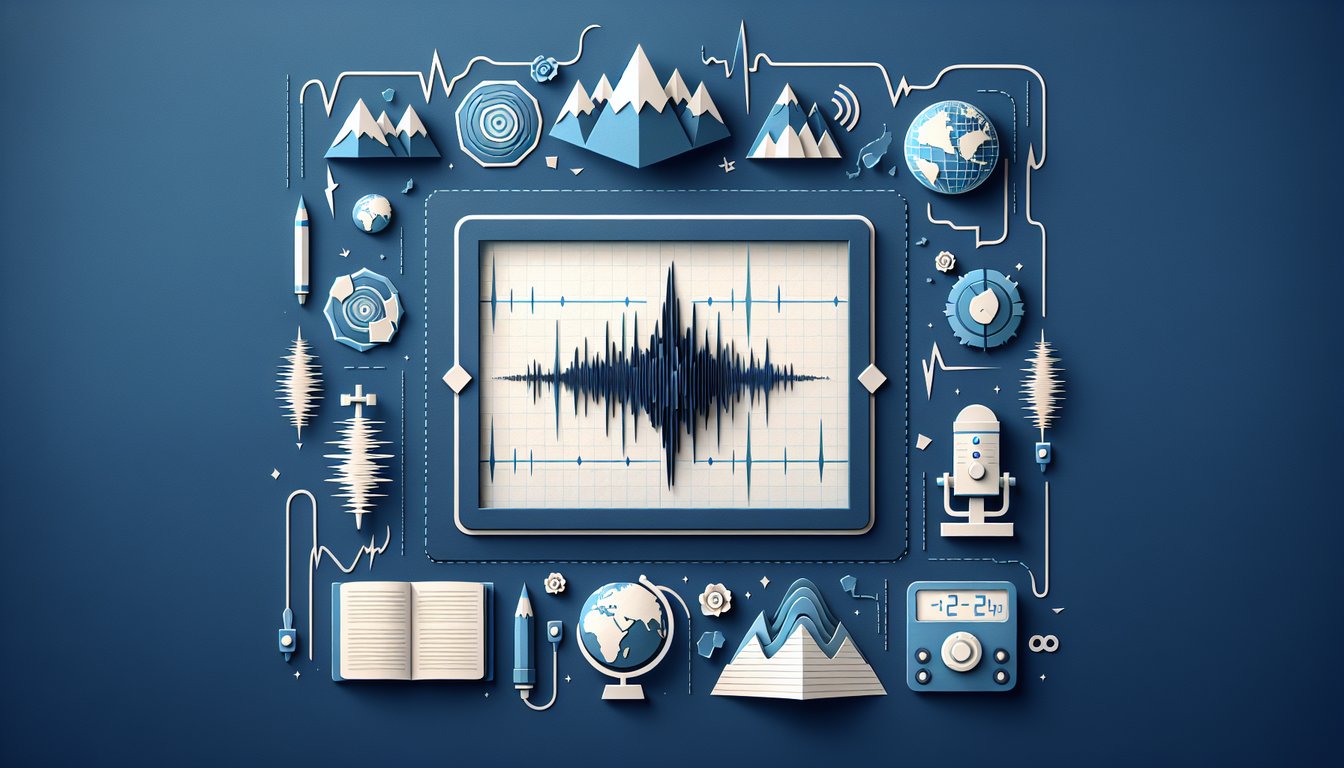 Colorful paper art promoting a seismograph-themed trivia quiz for high school Earth science students.