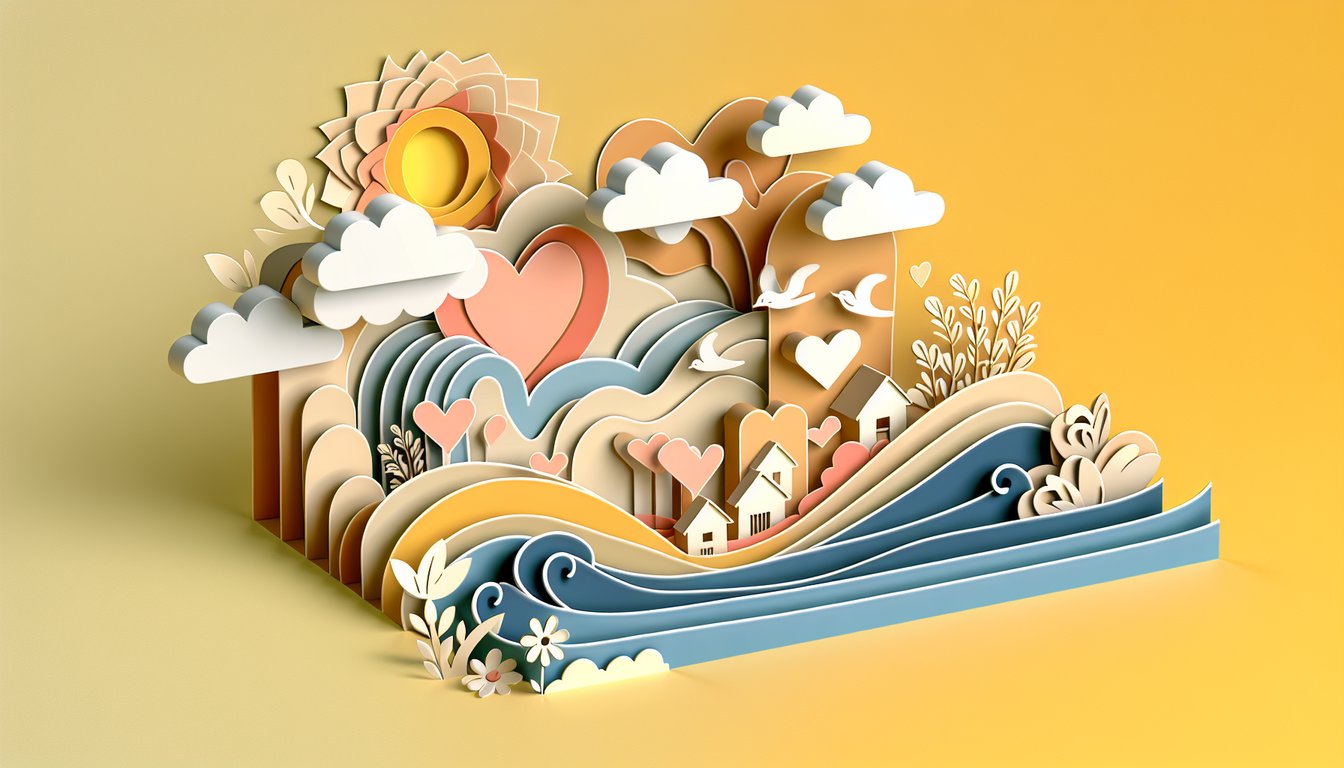 Paper art hearts and question marks on golden yellow background for gentle love style quiz