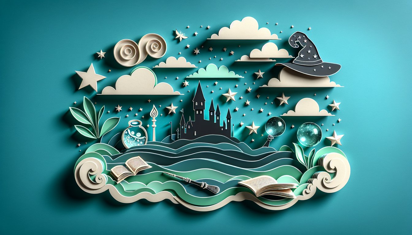 Paper art illustration of wizard figures with wands hearts and quiz title on teal background