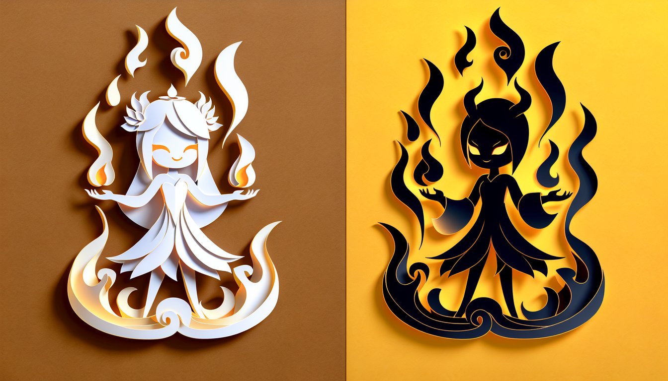 Paper art illustration for personality quiz determining if you are more like Glinda or Elphaba on a golden yellow background.