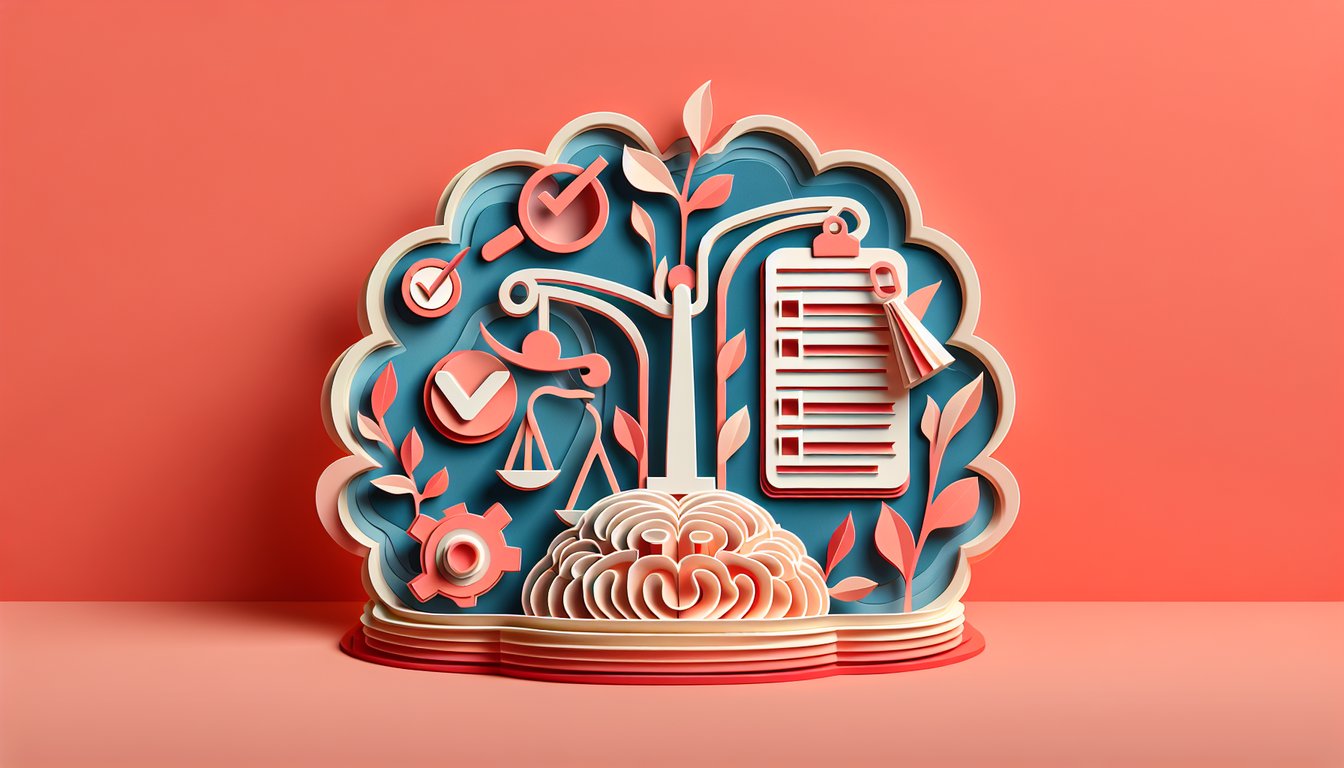 Paper art quiz elements, checklist form, magnifying glass, book on coral background representing FCRA exam challenge