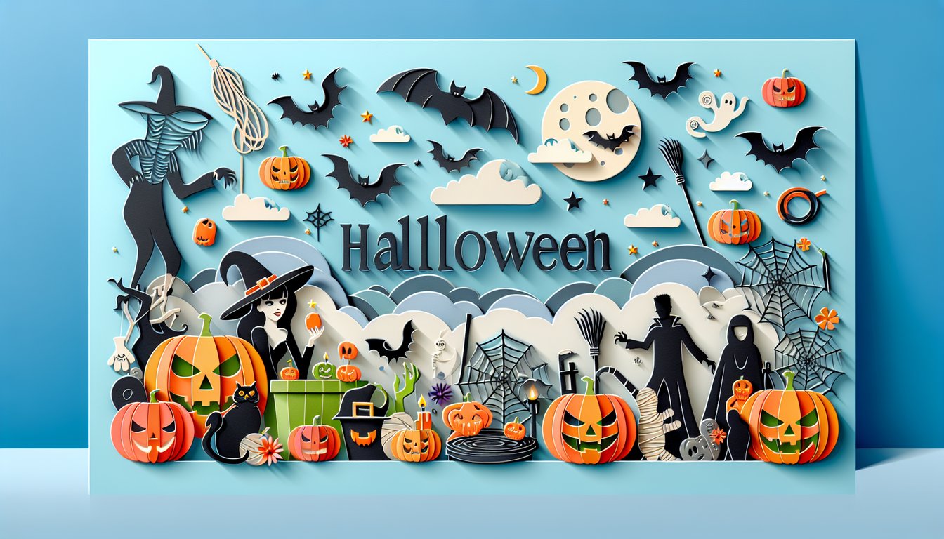 Paper art illustration for Halloween costume quiz on sky blue background