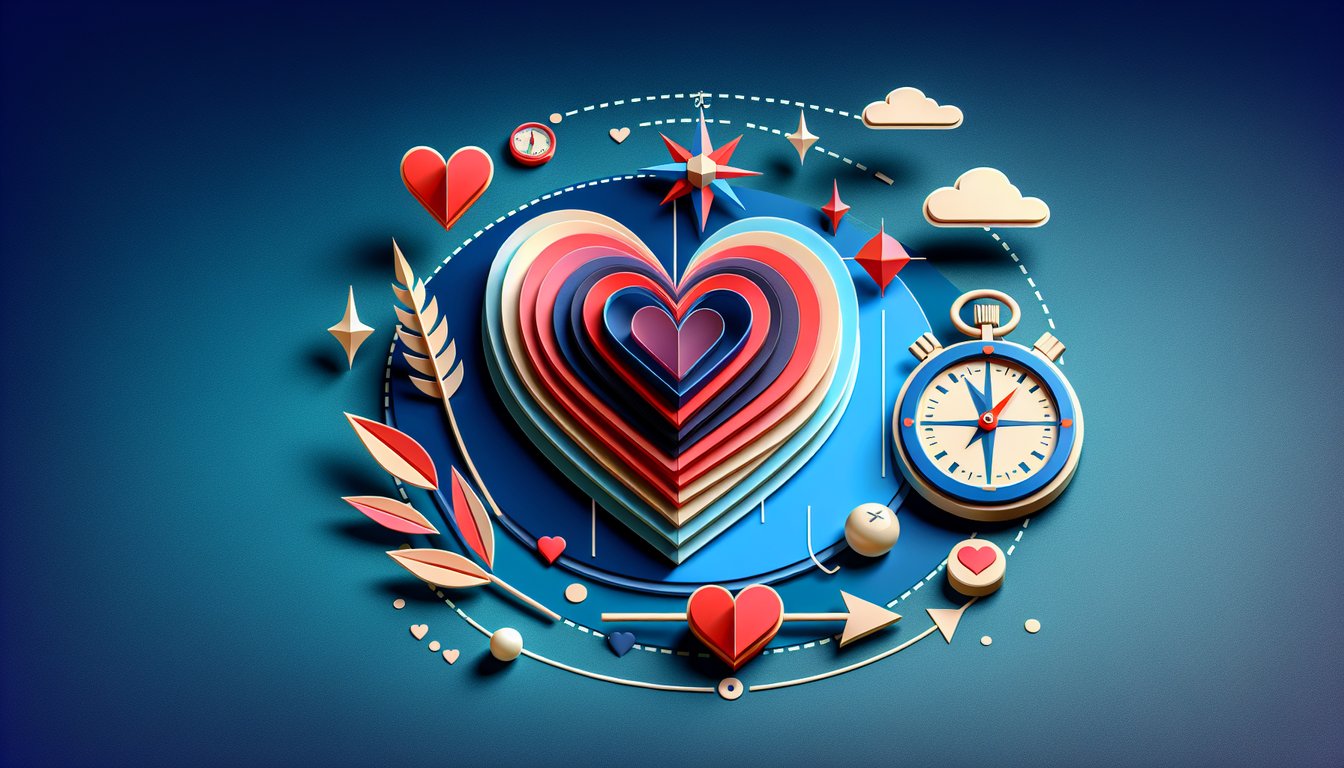 Paper art hearts float around quiz title on dark blue background for discovering passionate or compassionate love style