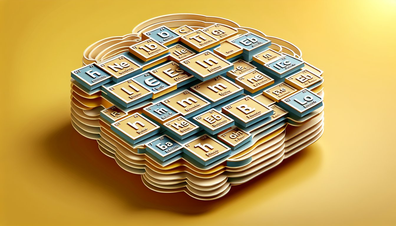 paper art showing first 40 periodic table elements atomic numbers symbols on golden yellow background quiz challenge