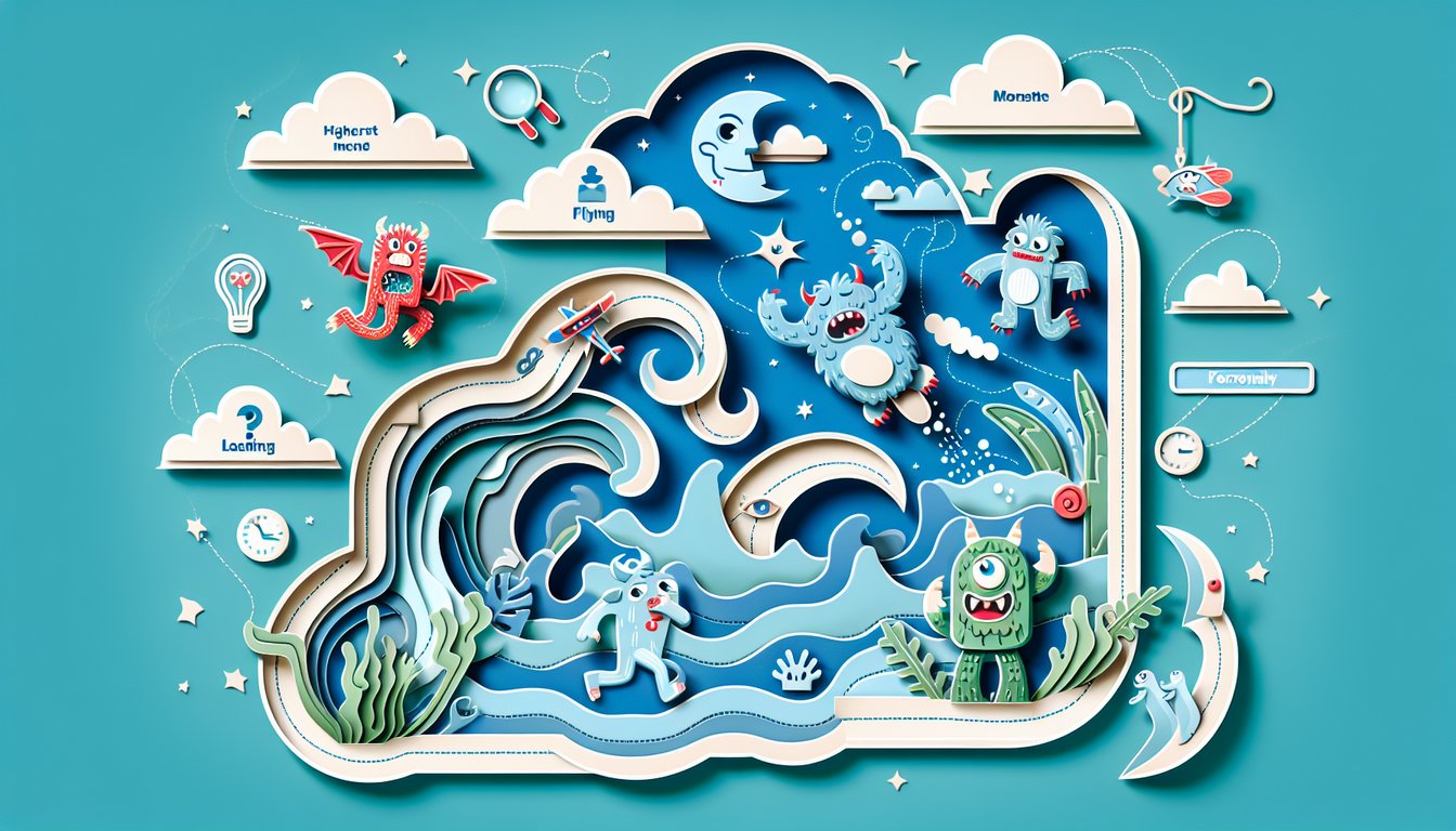 Layered paper art monsters pop around quiz title on teal background