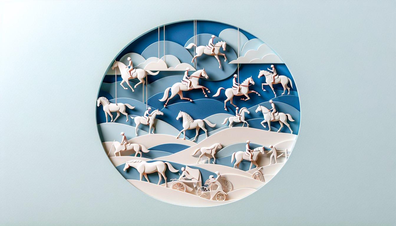 Paper art horse silhouettes on sky blue background illustrating horse personality quiz