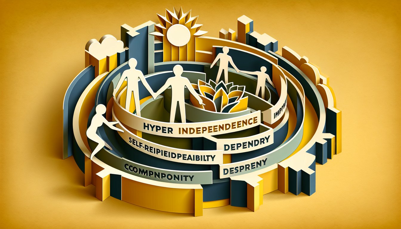 Paper art illustration showing a personality quiz with independence versus dependency concept on golden yellow background.