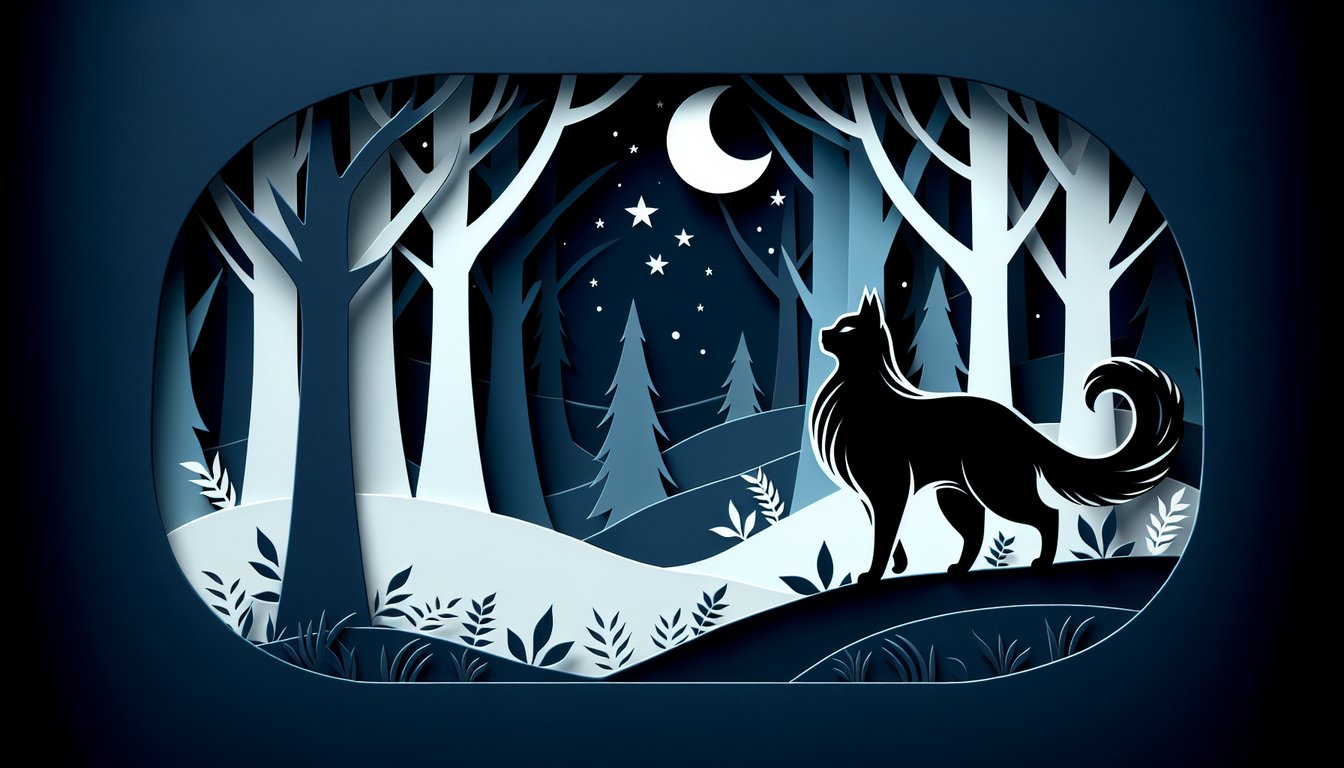 Layered paper art she cat with flowing mane and subtle stripes set against a dark blue background