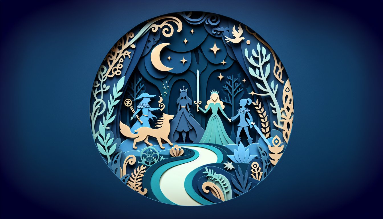 Paper art illustration of fairytale characters Emma Rumple Snow on dark blue background for personality quiz