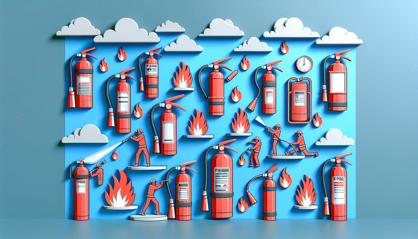 Paper art style quiz on sky blue background showing fire extinguishers challenge safety smarts identify types and uses