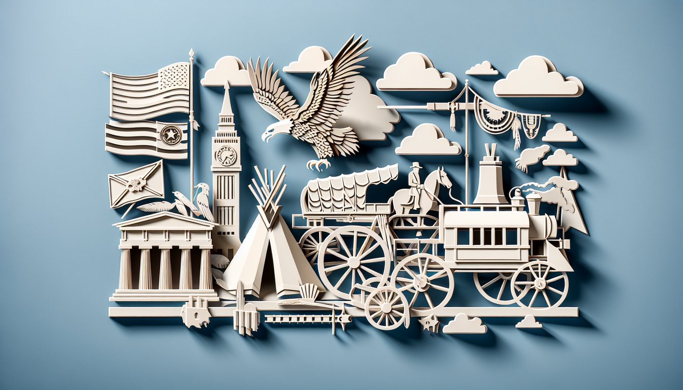 Paper art with Liberty Bell, Declaration scroll, eagle, stars on sky blue background promoting US history trivia quiz