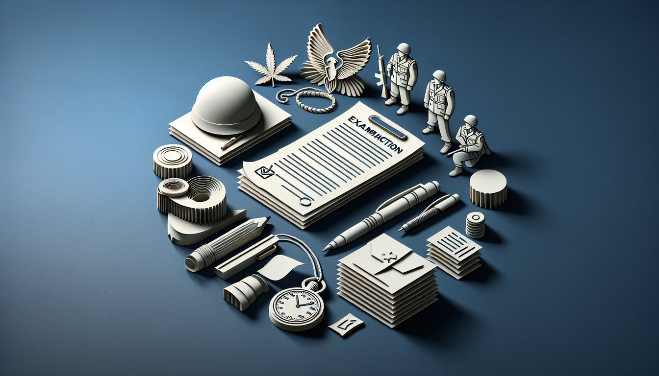 Paper art ASVAB quiz scene with stylized army helmet, military badge, swirling papers on dark blue background