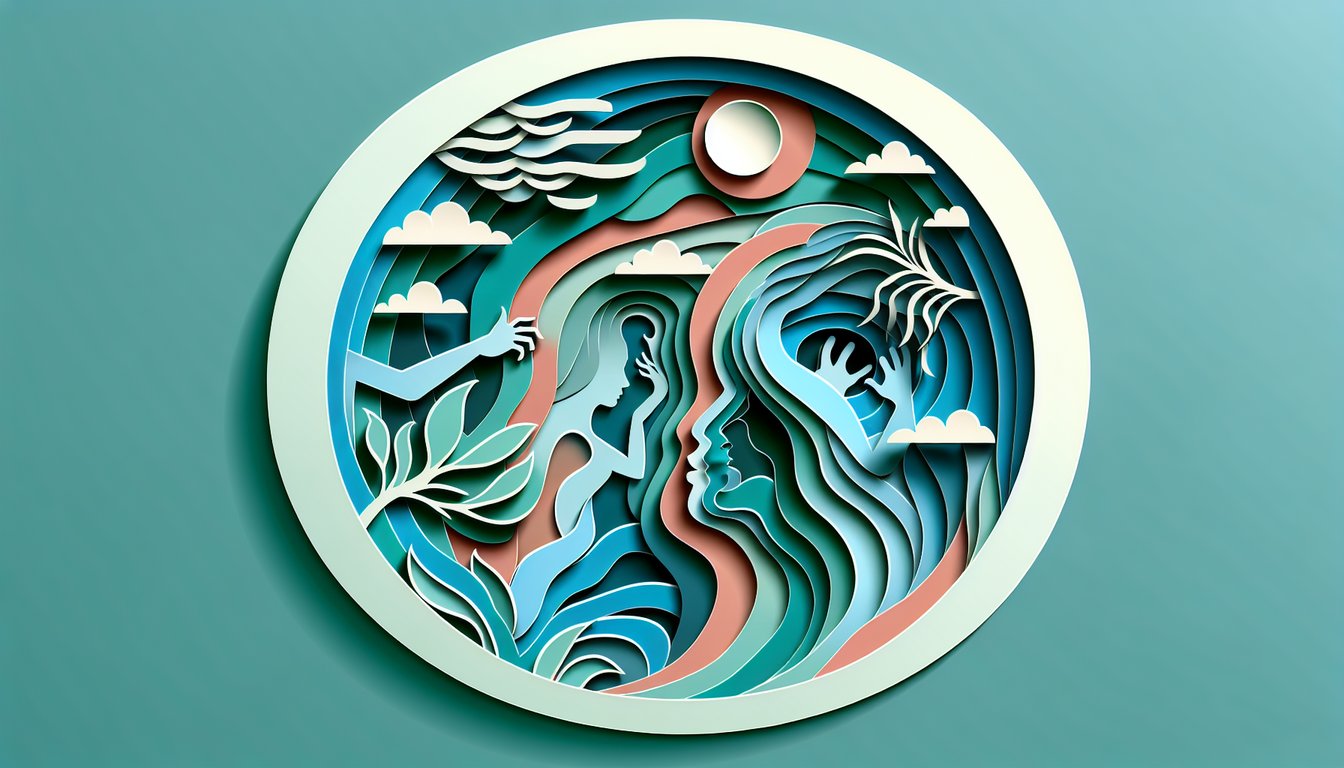 Paper art illustration for fear of intimacy quiz on a teal background