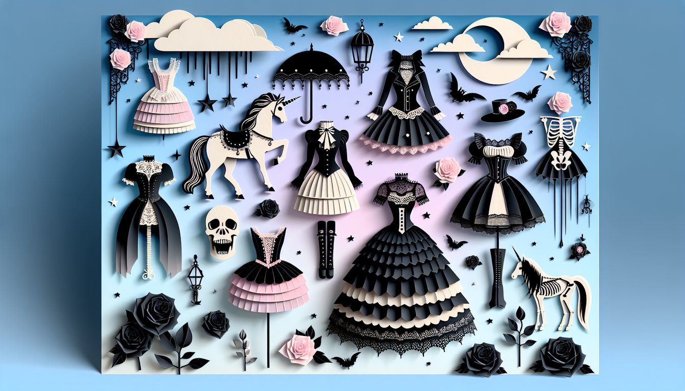 Paper art illustration for Goth type quiz on a sky blue background.
