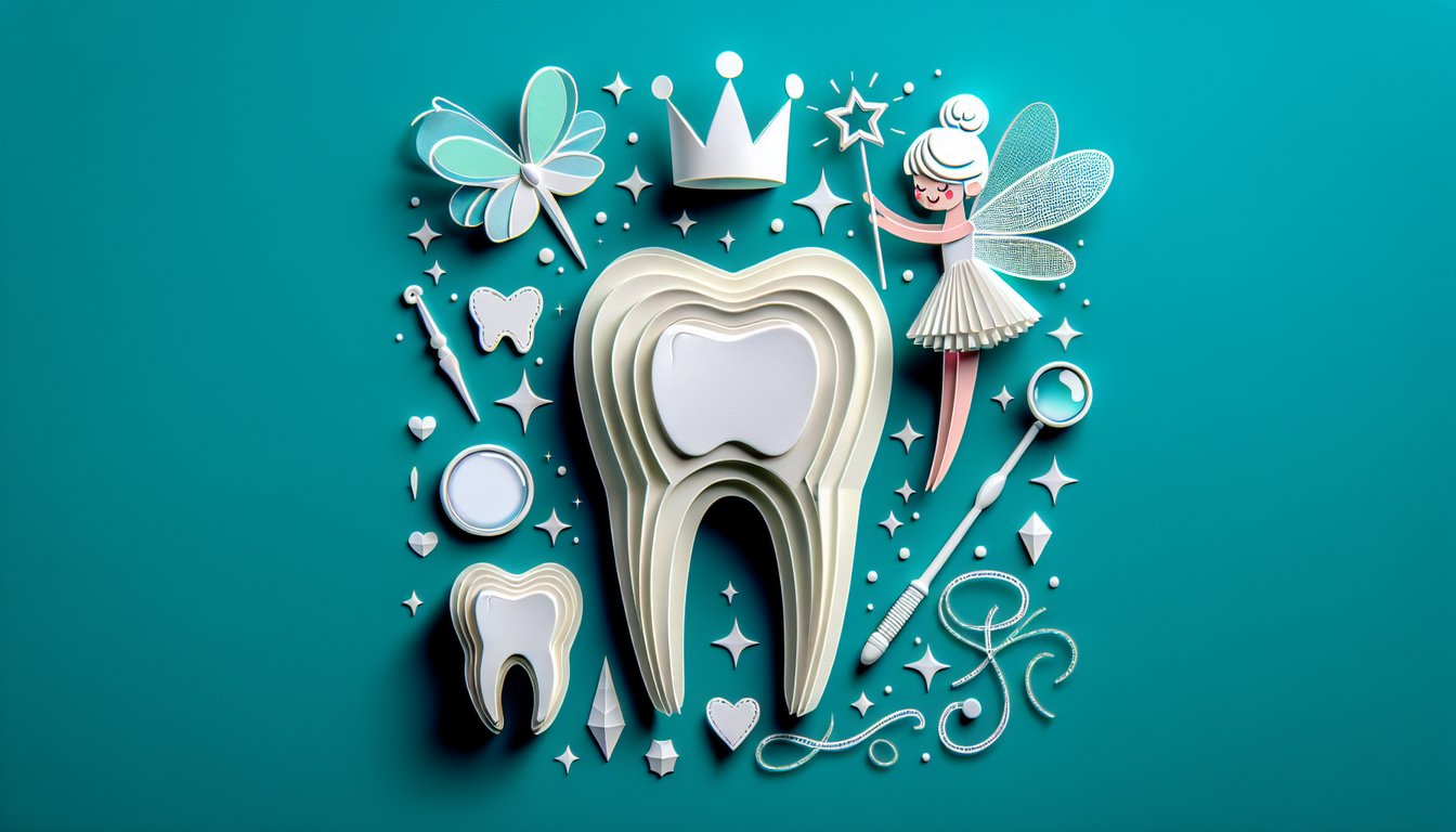 paper art quiz illustration of tooth fairy with wings and tooth motifs on teal background hints at discovering fairy look