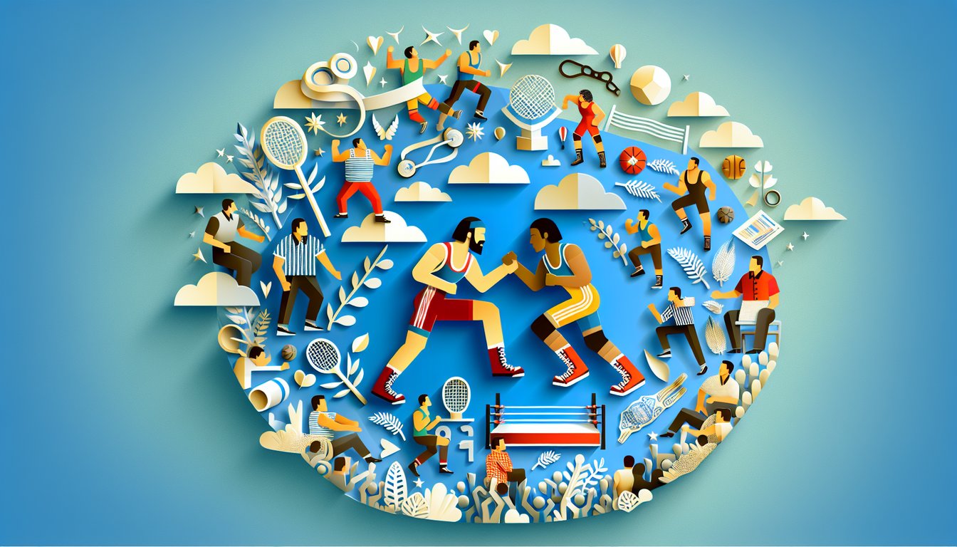 Paper art illustration for a wrestling trivia quiz on a sky blue background.