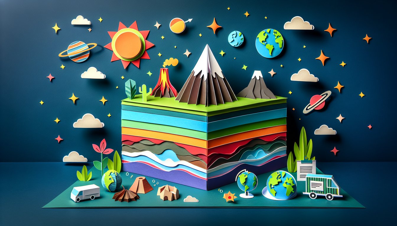 Colorful paper art promoting The Dynamic Earth Challenge, a middle school Earth science quiz.