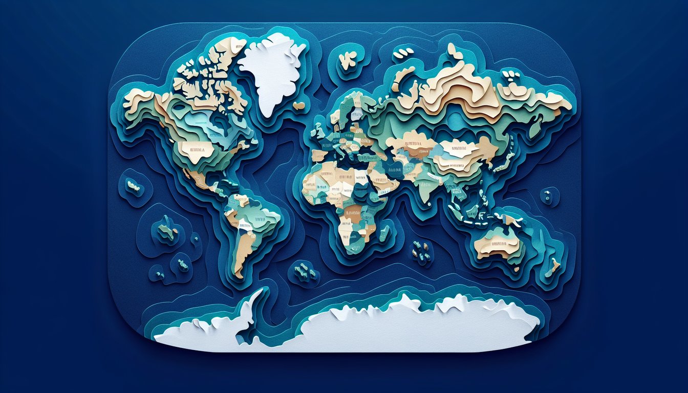 Colorful paper art promoting World Map Mastery, a geography quiz for middle school students.