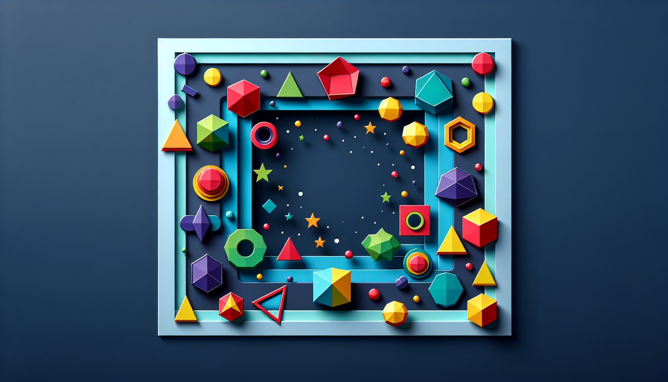 bright paper cutout shapes circles squares triangles letters forming quiz on dark blue background