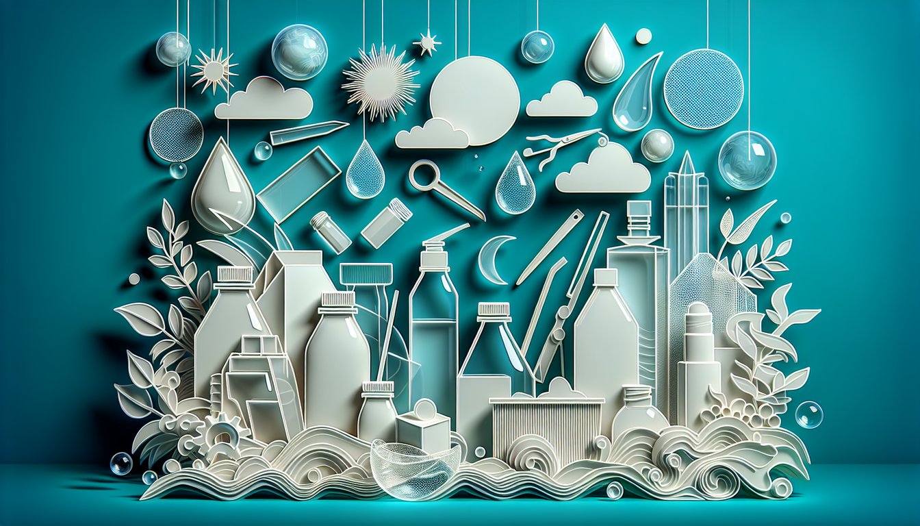 Paper art illustration of acrylic plastic panels test tools and labels on teal background for transparent plastics quiz