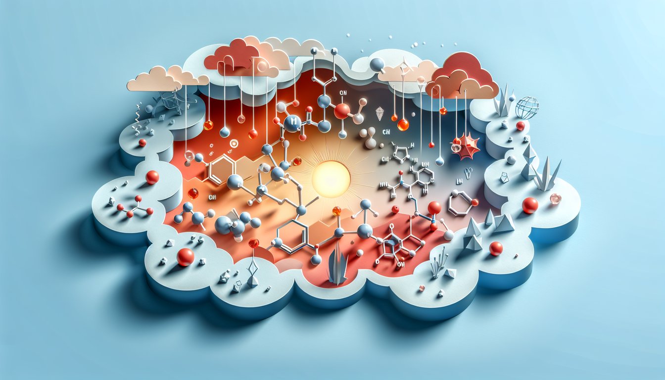 Paper art molecules and atomic icons on sky blue backdrop for free oxidation state quiz practice.
