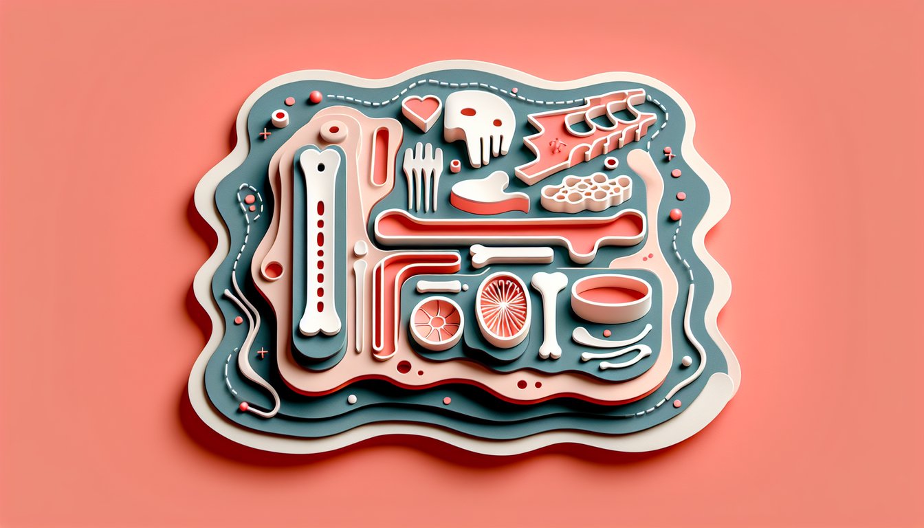 Paper art illustration of stylized bone cross section showing osteon rings and Haversian canals on coral background