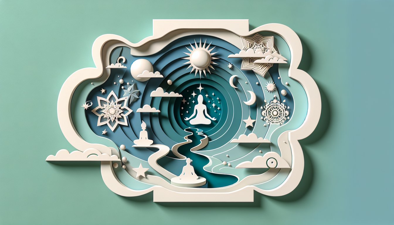 Paper art illustration for a deity connection quiz on a teal background