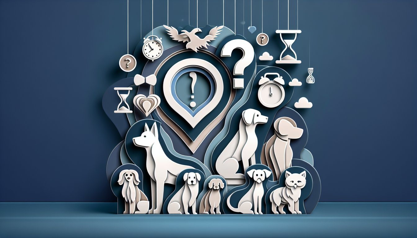 Paper art dog silhouette with lifespan gauge and question marks on dark blue quiz background